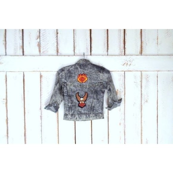 Vintage kids black grey acid stone wash Harley Davidson patch denim jean jacket - Picture 1 of 5